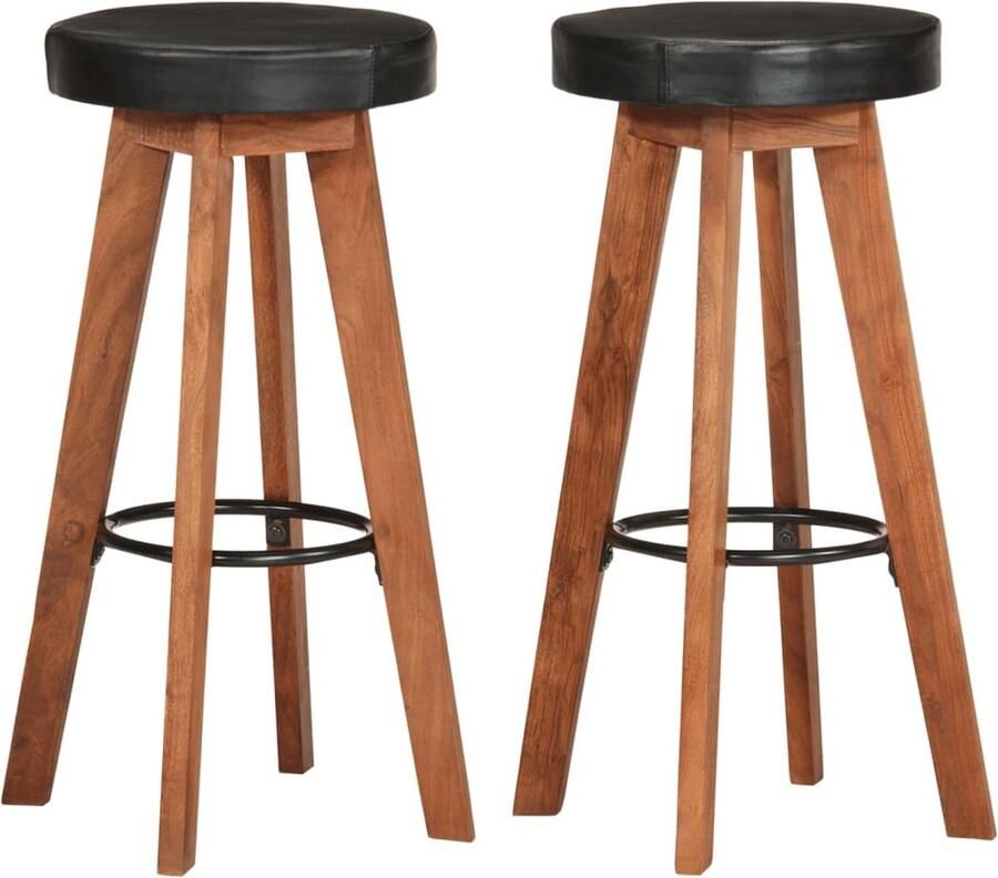 VidaXL Barkrukken Echt leer en Acaciahout Set van 2 Barkrukken Eetkamerstoelen Keukenstoelen Design Meubels Acacia Hout Lederlook Vintage Stijl Set Van 2 - Foto 3