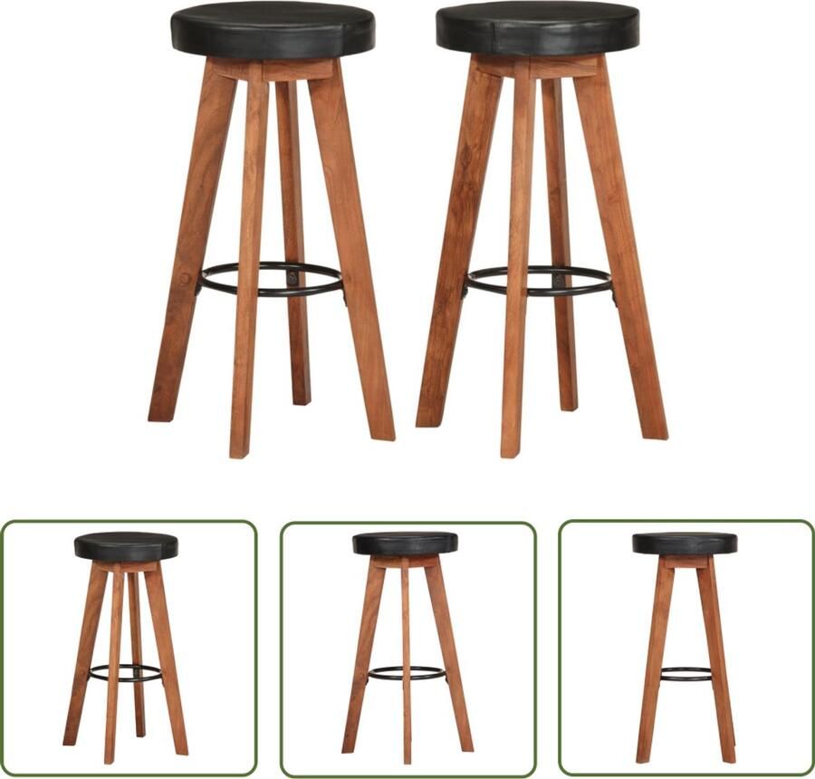 VidaXL Barkrukken Echt leer en Acaciahout Set van 2 Barkrukken Eetkamerstoelen Keukenstoelen Design Meubels Acacia Hout Lederlook Vintage Stijl Set Van 2