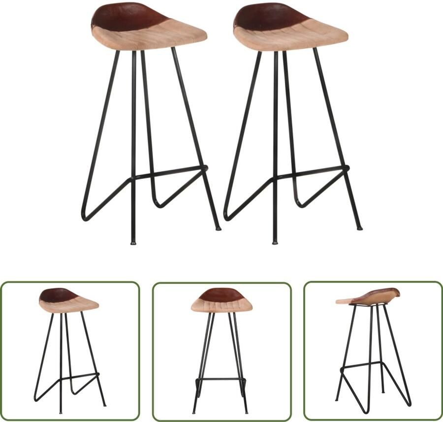 VidaXL Barkrukken Echt Leer Set van 2 Bruin Industriele Barkrukken Lederen Barkrukken Bruine Barkrukken Set Van 2 Barkrukken Design Barkrukken Keuken Stoelen Eetkamer Stoelen Comfort Barkrukken