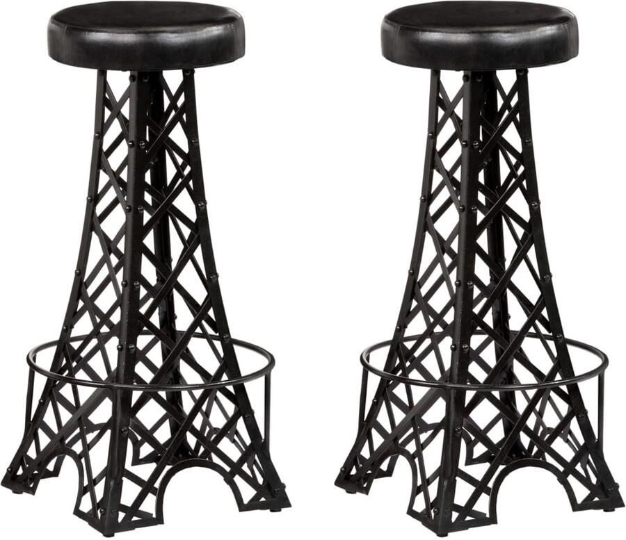 VidaXL Barkrukken Echt Leer Set van 2 Zwart Barstühlen Krukken Echte Leer Industrieel Meubilair Eiffeltorentje