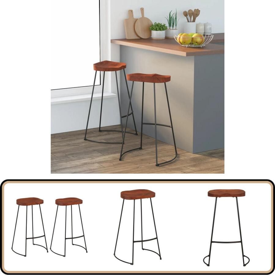 VidaXL Barkrukken Gavin Massief Mangohout Set van 2 Retro Barkruk Mangohouten Barkruk Keukenbarstoelen Eetkamerstoelen Barkrukken Set