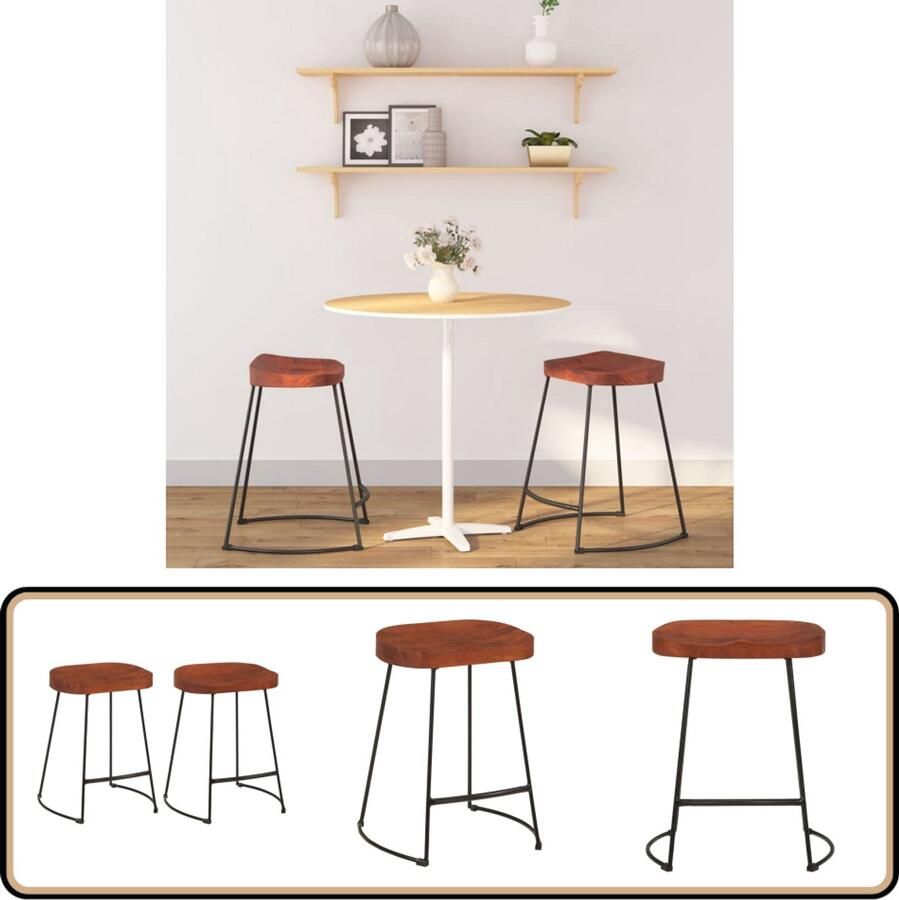VidaXL Barkrukken Gavin Set van 2 Massief Mangohout Retro Barkruk Set Mangohouten Barkruk Industriële Barkruk Keukenbarstoelen