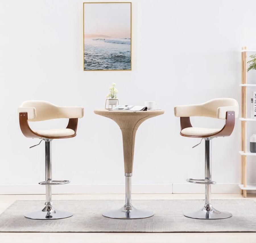 VidaXL Barkrukken Gebogen Hout & Kunstleer 2 stuks Barstoelen Barkrukken Eetkamerstoel Keukenstoel Stoel Meubilair Interieurdecoratie Creme Kleur Bruine Kleur Kunstleder Metalen Onderstel - Foto 2