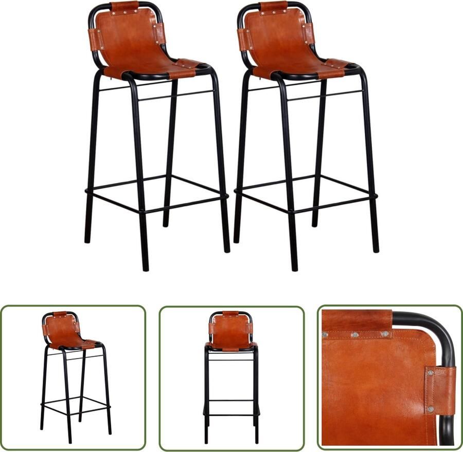 The Living Store Krukken IndustriÃle Stijl 46x45x94 cm Echt Leer Bruin Zwart Industriële Stijl Barkrukken Leren Krukken Bruine Krukken Zwarte Krukken - Foto 2