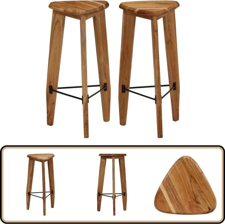VidaXL Barkrukken Massief Acaciahout 2 stuks Barstühlen Acacia Houtsoort Bruine Stoel Vintage Stoel Industrieel Design Eetkamerstoel Barstool - Foto 2