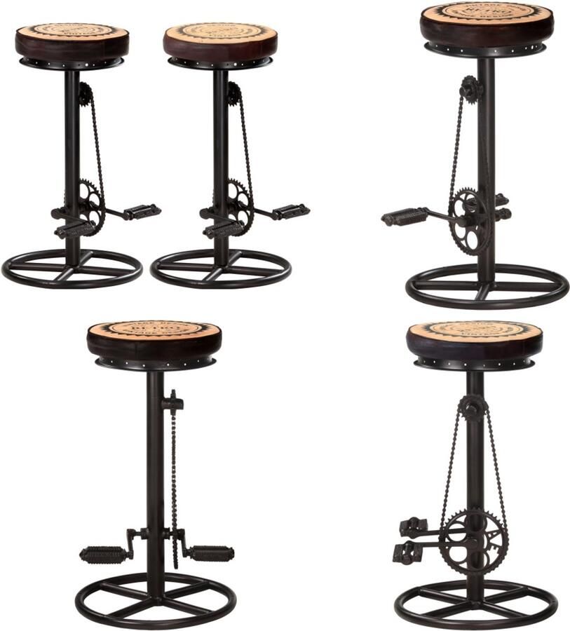 VidaXL Barkrukken met canvas print 2 st echt leer zwart en bruin Barkruk Barkrukken Barstoel Barstoelen