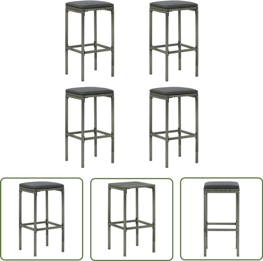 VidaXL Barkrukken Poly Rattan Grijs 4 stuks Barstoelen Barkrukken Keukenstoelen Buitenmeubilair Tuinstoelen