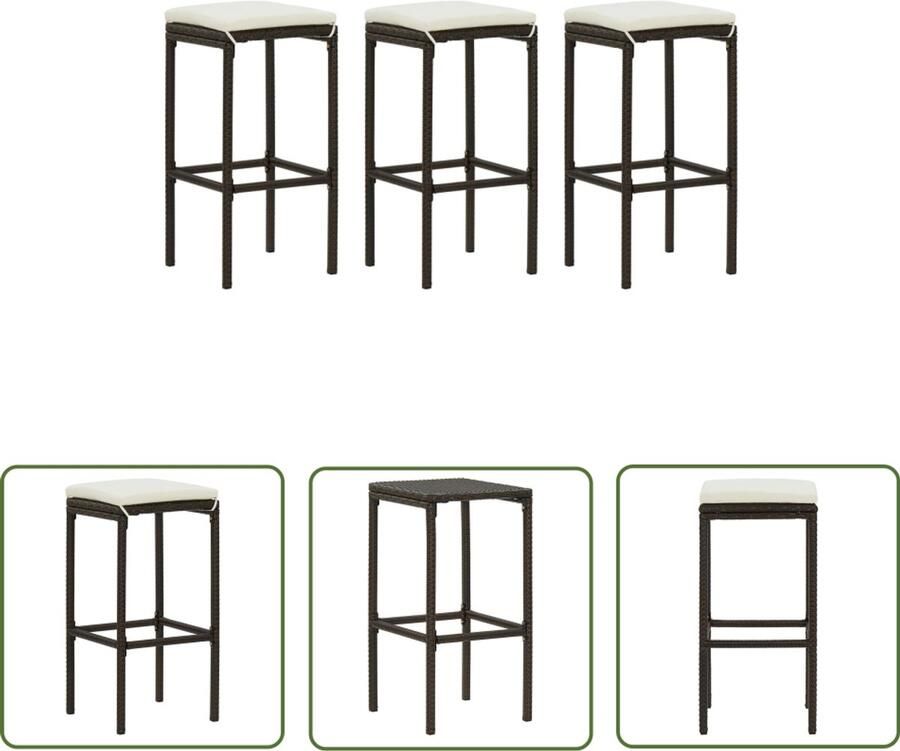 VidaXL Barkrukken met kussens Set van 3 Bruin Barstoelen Barkrukken Keuken Stoelen Bistro Stoelen Bruine Stoelen Ratan Stoelen Eetkamerstoelen
