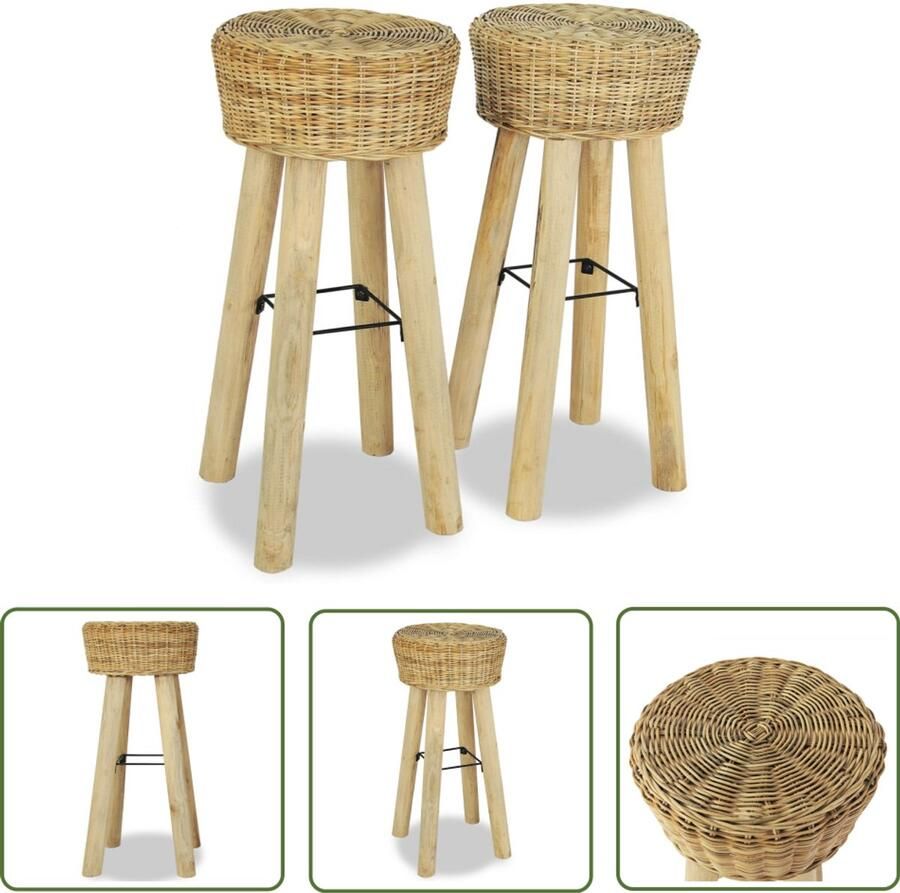 VidaXL Barkrukken Natuurlijk Rattan Set van 2 Barstoelen Barkrukken Houten Barkrukken Ratan Barkrukken Teak Barkrukken Eetkamerstoel Keukenstoel Set Van 2 Barkrukken Design Barkrukken Vintage Barkrukken