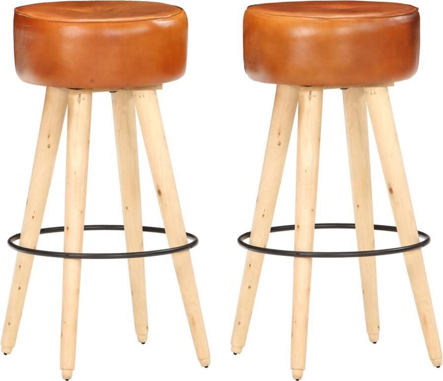 VidaXL Barkrukken Ruw Mangohout en Echt Leer 2 stuks Barstoel Leren Barkruk Mangohouten Barkruk Vintage Barkruk Retro Barkruk Unieke Barkruk Set Van 2 Barkrukken Bruine Barkruk Barkrukken Voor Keuken Barkrukken Voor Bar - Foto 2