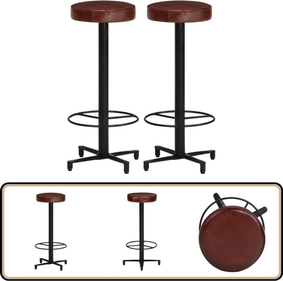 VidaXL Barkrukken Set van 2 76 cm Echt Leer Barstoelen Lederen Stoelen Barkrukken Bruin Industriele Stoelen Design Stoelen