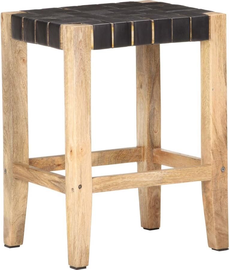 VidaXL Barkrukken Set van 2 Echt Leer Zwart Barstooi Barkrukken Eetkamer Stoel Lederen Stoel Mango Wood Furniture Zwarte Stoel Lounge Meubilair