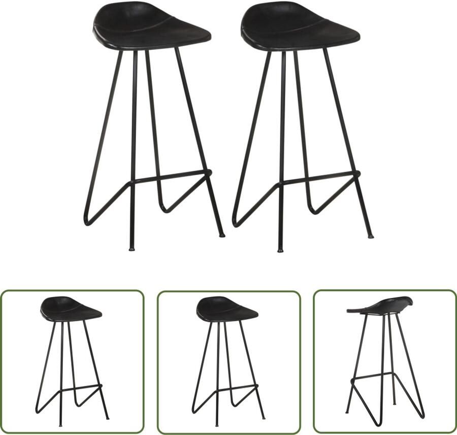 VidaXL Barkrukken Set van 2 Echt Leer Zwart Industriele Stoel Lederen Kruk Barkruk Keukenstoel Eetkamerstoel Zitzak Lounge Stoel Vintage Meubels Moderne Stoel Industrieel Decor Kookeiland Stoel