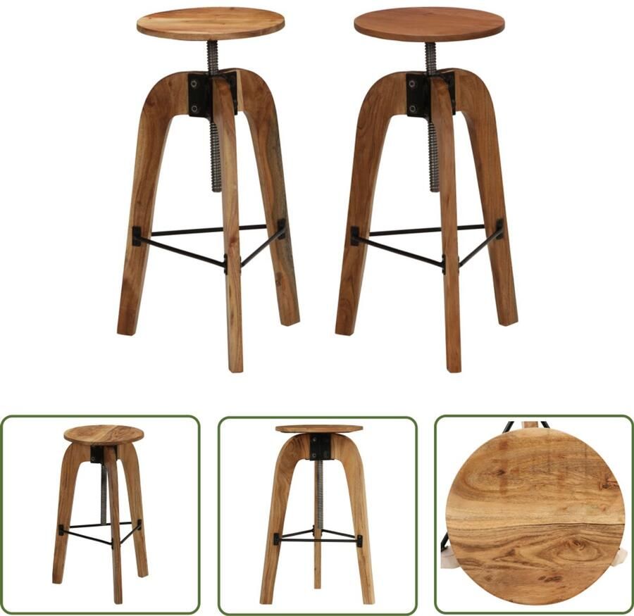 VidaXL Barkrukken Set van 2 massief acaciahout Houten Barstoelen Barkrukken Barstühlen Acacia Meubels Dining Chairs Kitchen Stools Adjustable Height Stool