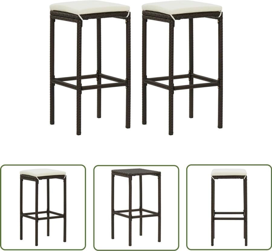 VidaXL Barkrukken Set van 2 Poly Rattan Inclusief Kussens Barstoelen Barkrukken Keukenstoelen Buitenstoelen Terrasstoelen Bruine Stoelen Ratan Meubilair Kunststof Stoelen