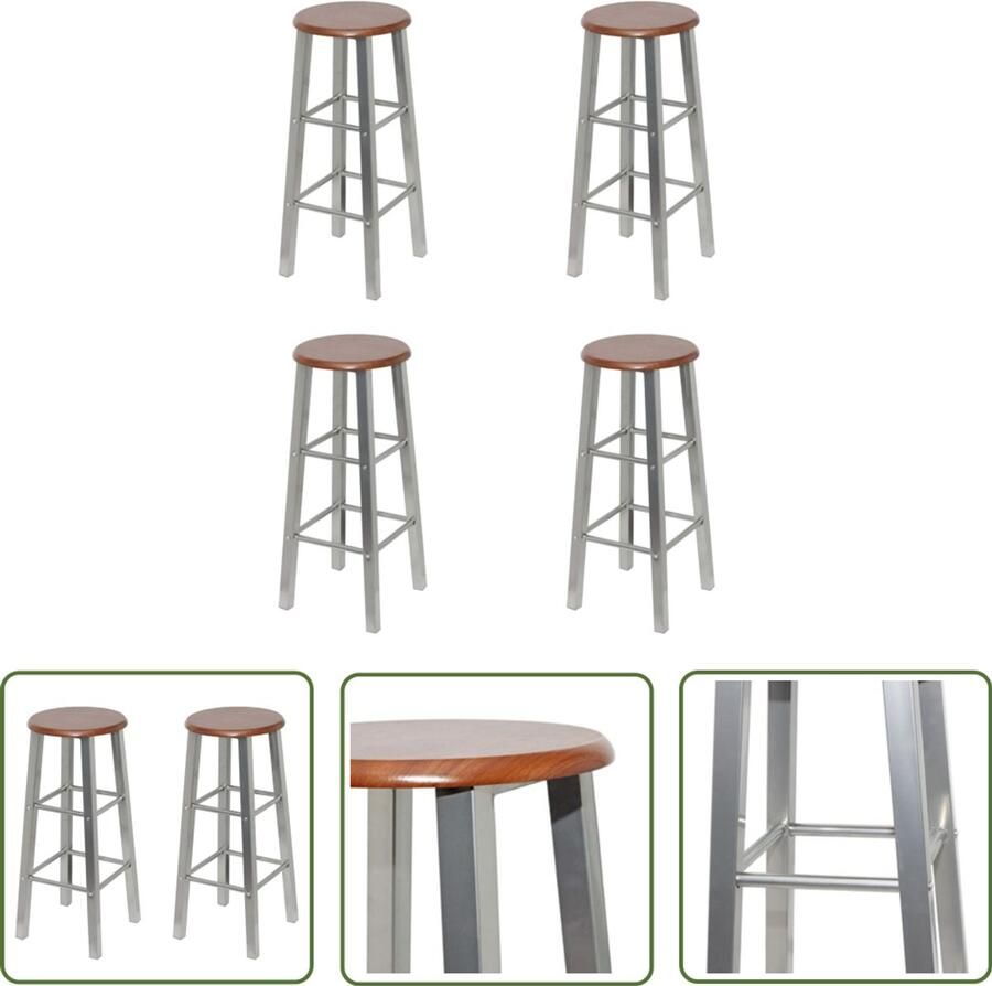 VidaXL Barkrukken Set van 4 Staal en MDF Zilver Bruin Barstühlen Eetkamerstoelen Keukenstoelen Barkrukken Set Bruine Stoelen Metalen Stoelen Mdf Stoelen Stijlvolle Stoelen Comfortabele Stoelen