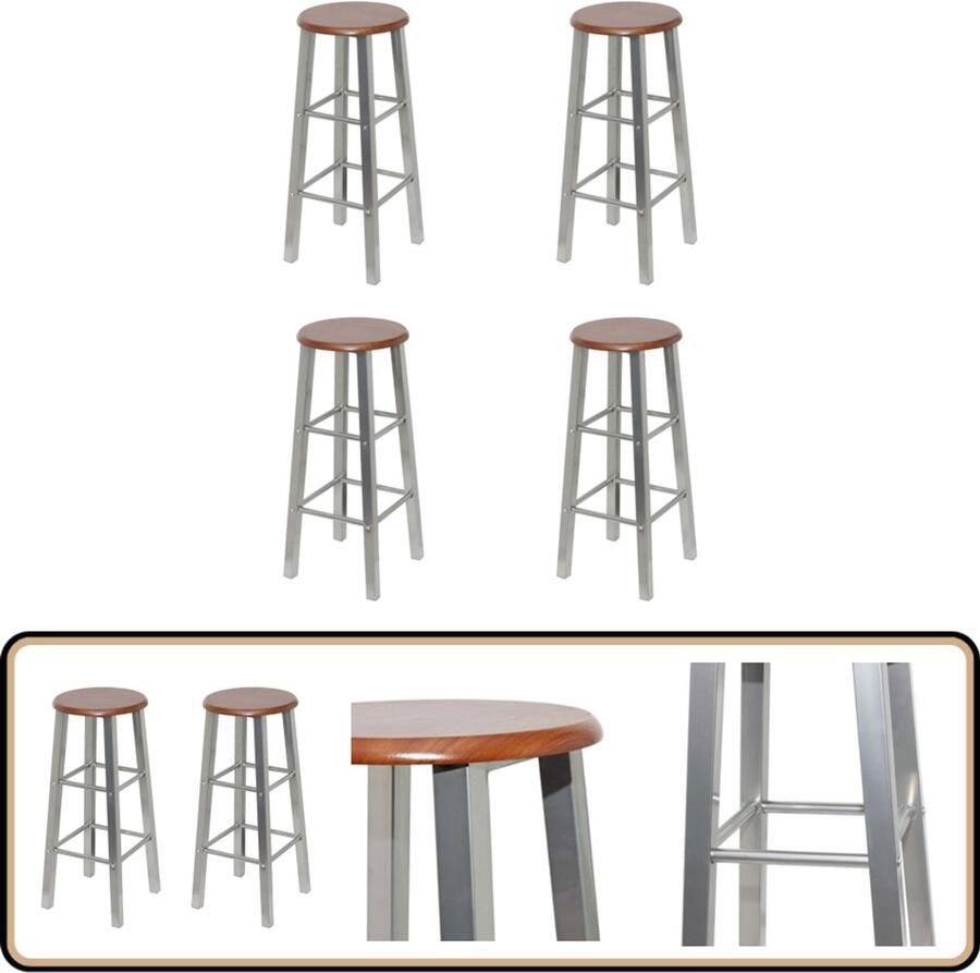 VidaXL Barkrukken Set van 4 Staal en MDF Zilver Bruin Barstühlen Eetkamerstoelen Keukenstoelen Barkrukken Set Bruine Stoelen Metalen Stoelen Mdf Stoelen Stijlvolle Stoelen Comfortabele Stoelen - Foto 2