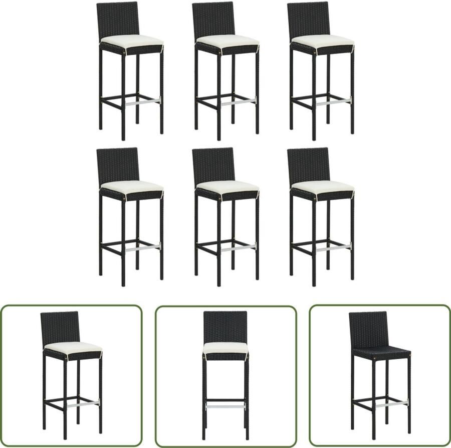 VidaXL Barkrukken Set van 6 Inclusief Kussens Zwart Barstoelen Barkrukken Eetkamerstoelen Tuinstoelen Outdoor Meubilair Poly Rattan Zwarte Stoelen