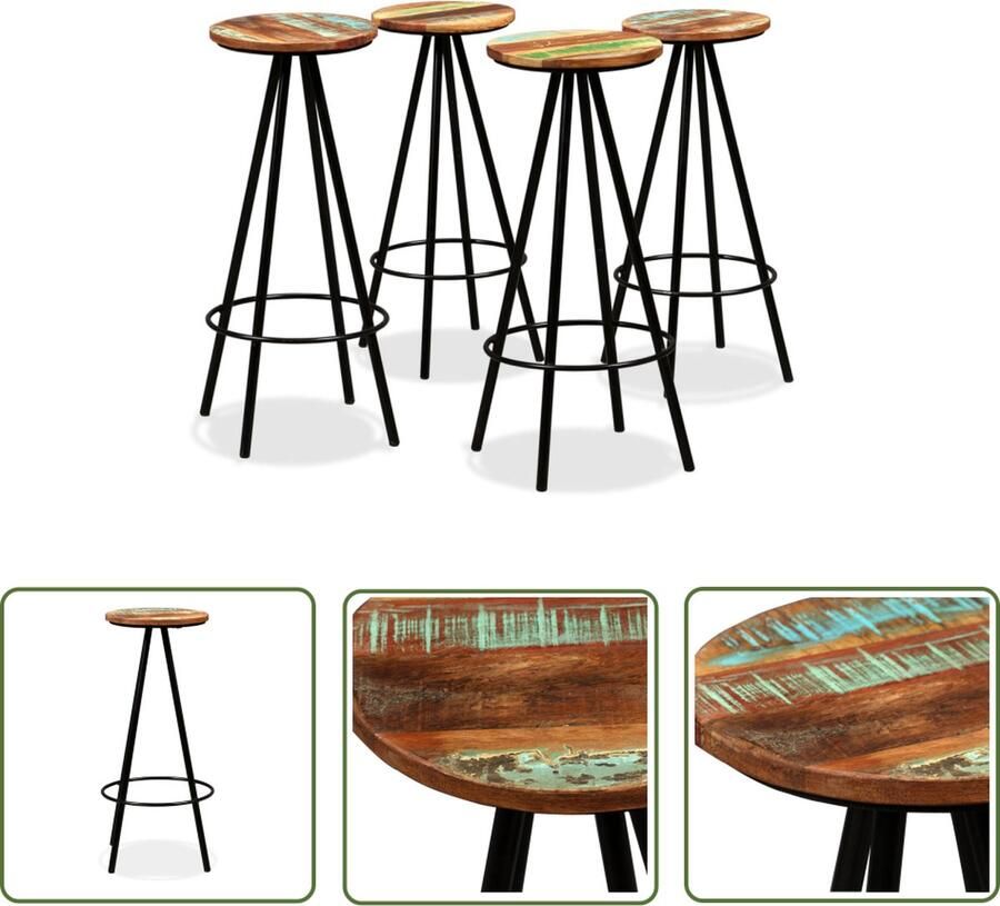 The Living Store Barkrukken Industrieel Massief gerecycled hout en staal 30 x 76 cm Set van 4 Industriele Barkrukken Vintage Bruine Barkrukken Herbruikt Hout Meubilair Stoere Barkrukken - Foto 2