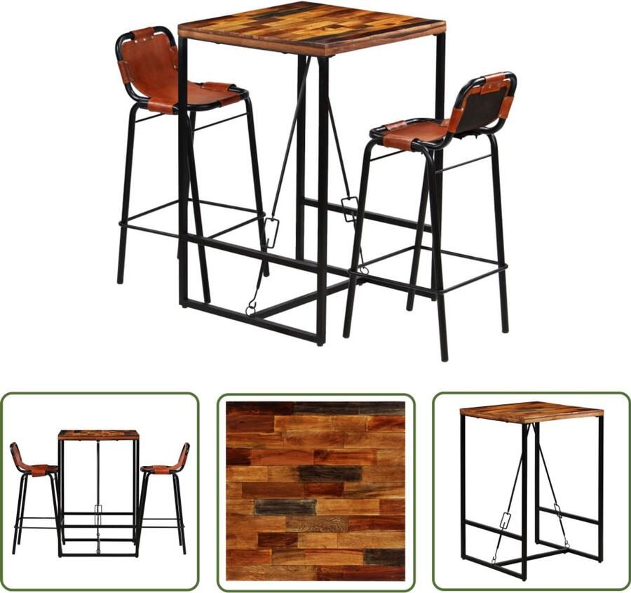 VidaXL Barset 3-Delig Gerecycled Hout en Leer Bartafel Vintage Meubels Industriele Decoratie Houten Bartafel Barstoel Lederen Stoel Bruine Bartafel