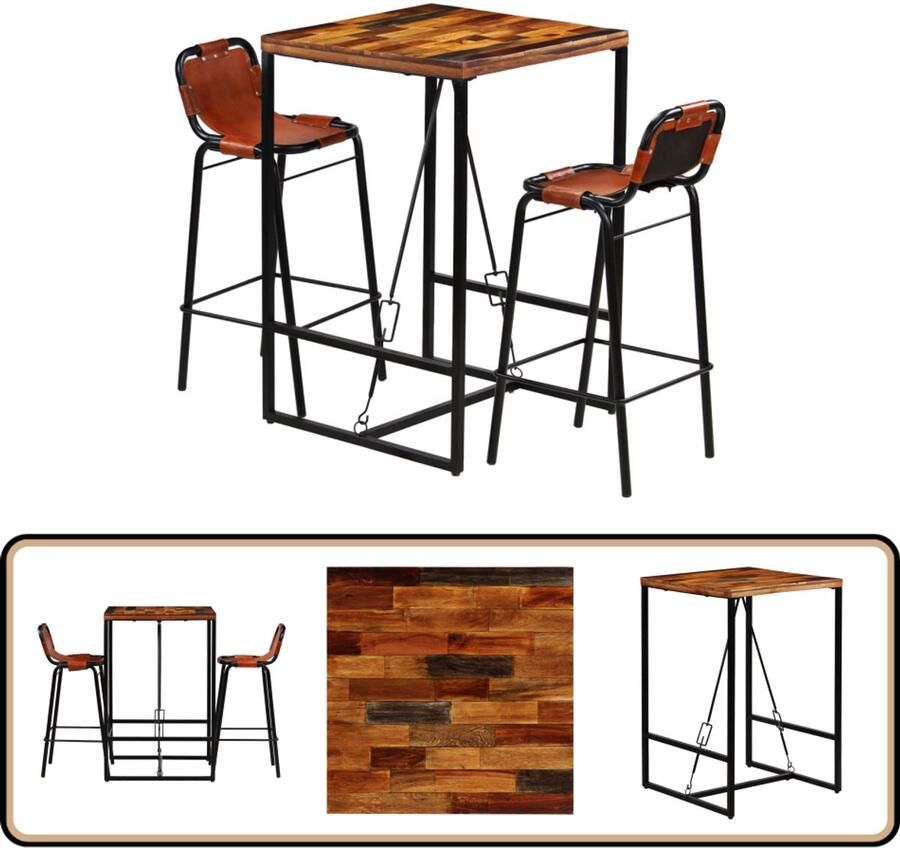 VidaXL -3-delige-Barset-massief-gerecycled-hout-en-echt-geitenleer - Foto 3