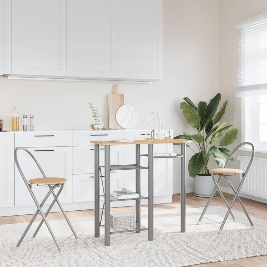 VidaXL Barset 3-delig Hout en IJzer Grijs Bruin Bartafel Set Barstool Eetkamerstoel Kookeiland Meubilair Houten Bartafel