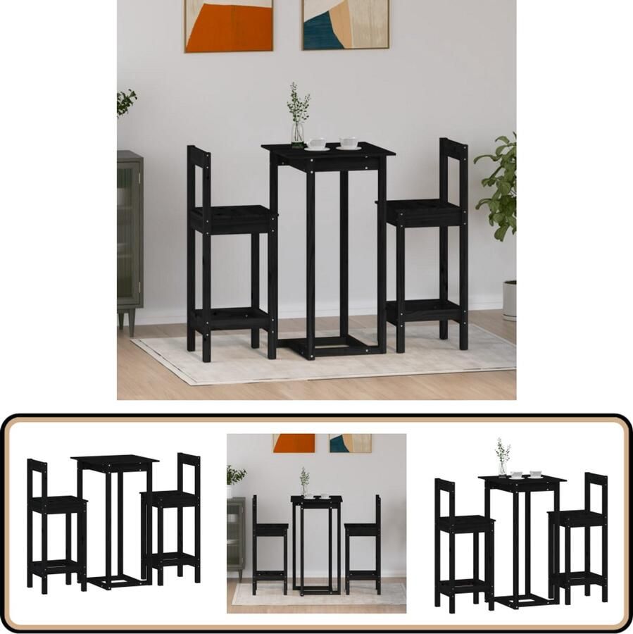 VidaXL Barset 3-delig Massief Grenenhout Zwart Bartafel Grenenhouten Meubilair Zwarte Bartafel Eetkamer Set Bistro Set Pub Set Buitenmeubels