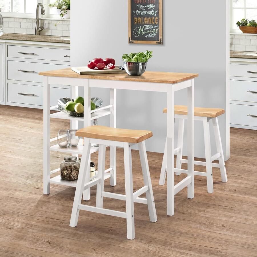 VidaXL Barset 3-delig Wit en Natuurlijk Hout Barset Lounge Set Bar Stools Houten Meubels Moderne Barset Witte Barset - Foto 2
