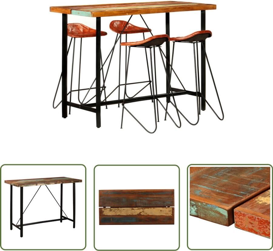 VidaXL Barset 5-delig Gerecycled hout & leer Bartafel Vintage Industrieel Houten Bartafel Industriele Meubels Barstoel Leder Eetkamerstoel
