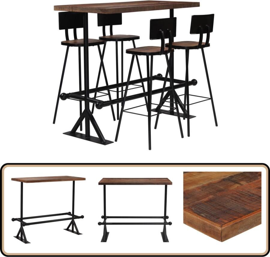 VidaXL Barset 5-delig Gerecycled Hout & Staal Barstoel Bartafel Industrieel Meubilair Vintage Meubels Retro Design