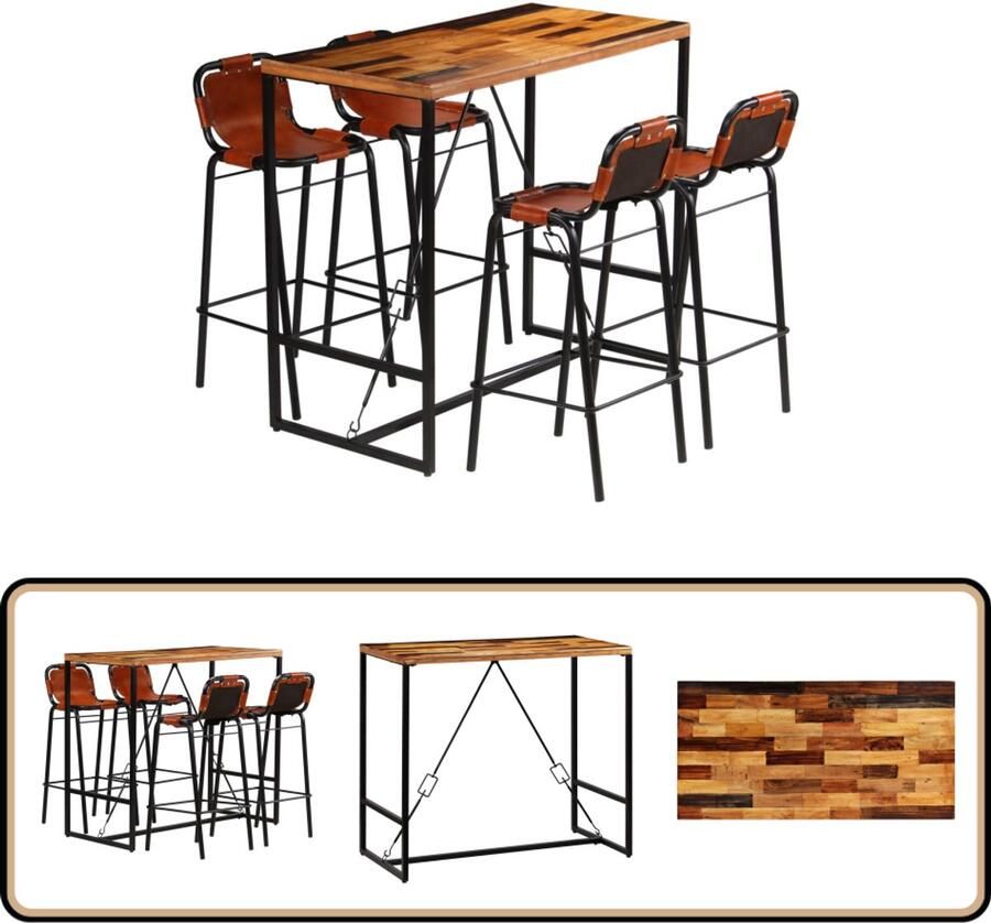 VidaXL Barset 5-delig Hout & Geitenleer Barstoel Bartafel Industrieel Design Vintage Meubels Houten Bartafel