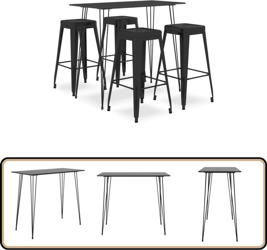 VidaXL Barset 5-delig Zwart Bartafel & Krukken Bar Set Zwarte Bartafel Stapelbare Barkrukken MDF Metaal Modern Design Eetkamerstoel