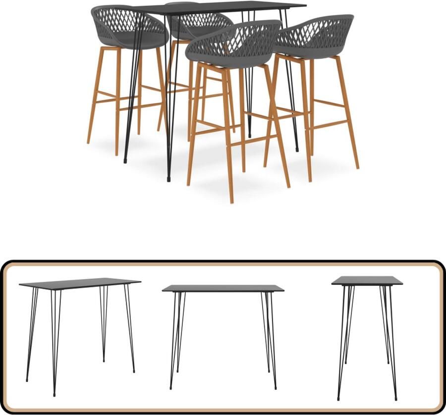 VidaXL Barset 5-delig Zwart en Grijs MDF & Metaal Bartafel Set Zwarte Bartafel Grijze Barkrukken Eetkamerstoel Lounge Meubels
