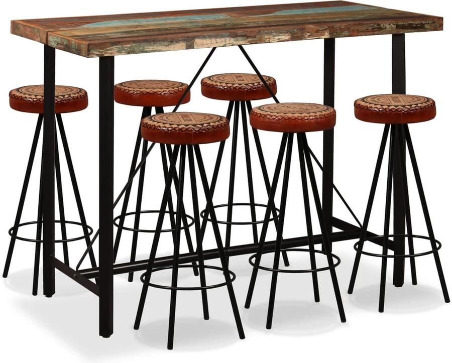 VidaXL Barset 7-delig Hout Leer & Canvas Bartafel Industrieel Design Hout Lederen Barkruk Salon Meubilaar Kookeiland Barstoel - Foto 2
