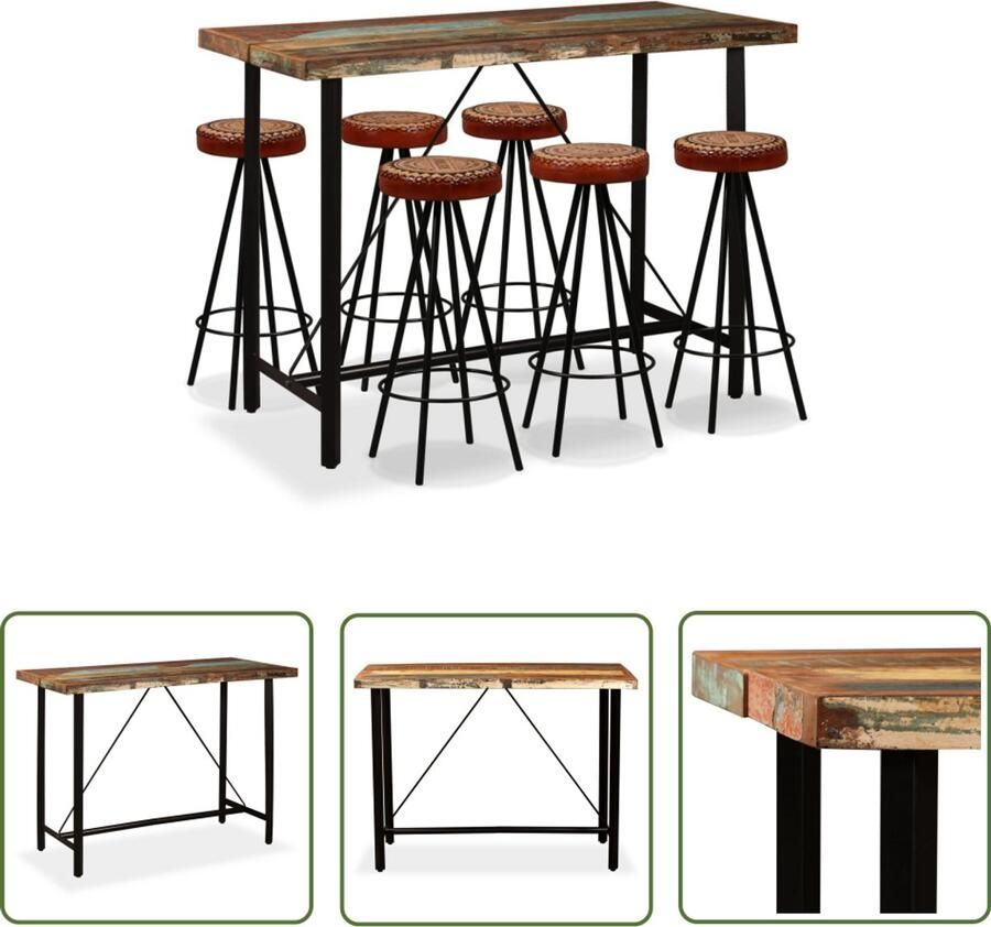 VidaXL Barset 7-delig Hout Leer & Canvas Bartafel Industrieel Design Hout Lederen Barkruk Salon Meubilaar Kookeiland Barstoel