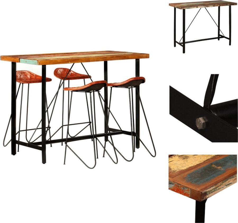 VidaXL Bartafel Vintage Industrieel 150x70x107 cm Massief gerecycled hout en staal Echt lederen stoelen Bruin en zwart 4 stuks Set tafel en stoelen