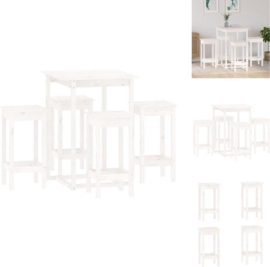 VidaXL Bartafel Grenenhout Wit 80x80x110 cm Inclusief 4 barkrukken Set tafel en stoelen - Foto 2