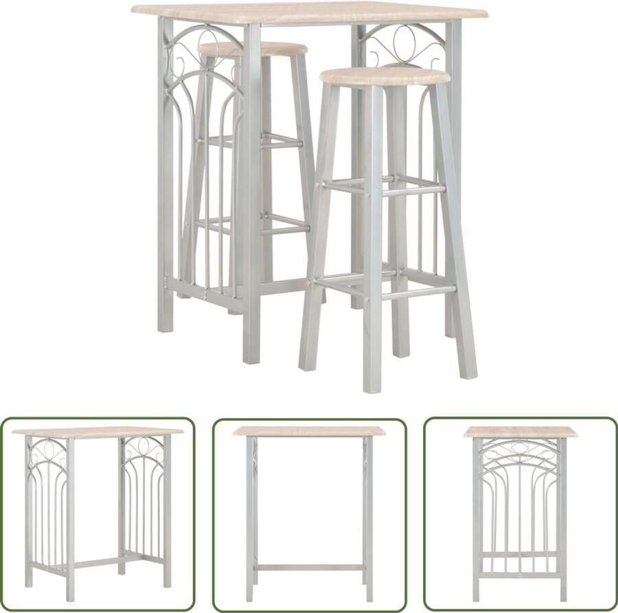 VidaXL Barset Hout en Staal 3-delig Eiken en Grijs Bar Set Houten Bartafel Metalen Barstoel Buitenbar Terras Meubilair Loungemeubels Bistro Tafeltje Eetkamerset Keuken Eiland