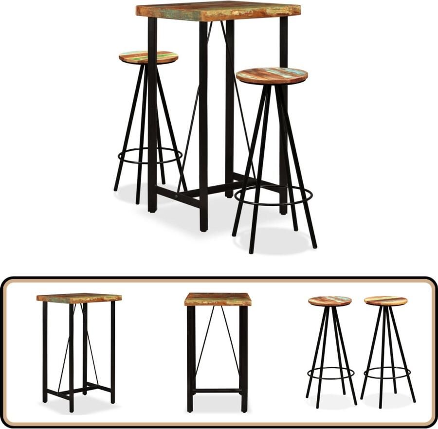 VidaXL Barset Massief gerecycled hout 3-delig Industriele Bartafel Barstoel Houten Bartafel Vintage Bartafel Bruine Bartafel