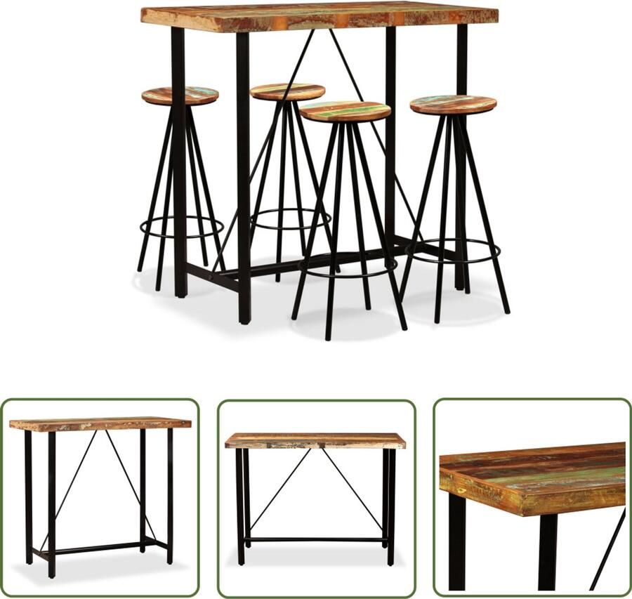 VidaXL Barset Massief Gerecycled Hout 5-delig Industriele Tafel Bartafel Houten Tafel Vintage Tafel Bruine Tafel Barstoelen Barkrukken Eetkamerstoel Industrieel Design Recycled Wood Furniture