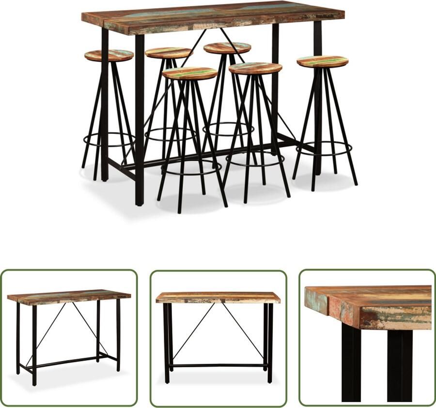 VidaXL Barset Massief Gerecycled Hout 7-delig Industriele Bartafel Barstoel Houten Bartafel Vintage Bartafel Bruine Bartafel Barset Eetkamerset Salon Meubilair