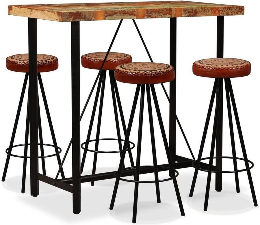 VidaXL Barset Hout en Leer 5-delig 120x60x107 cm Industriele Bartafel Barstoel Houten Bartafel Vintage Bartafel Bruine Bartafel Metalen Bartafel Eetkamerbar Salonbar Koopavond - Foto 3