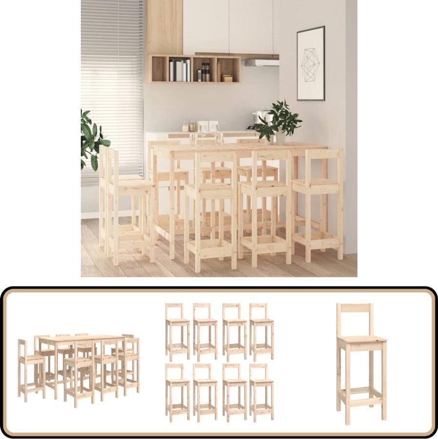 VidaXL Barset Massief Grenenhout 9-delig Bartafel Houten Bartafel Grenenhout Bar Set Bistroset Pubset Eetkamerset Keuken Meubilair Modern Design Bruine Bartafel