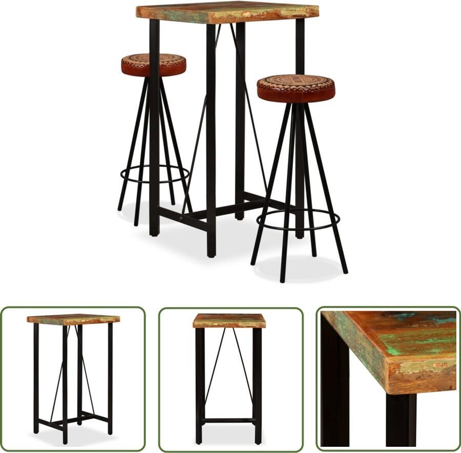 VidaXL Barset massief hout & leer 3-delig Bartafel Industrieel Meubilair Houten Bartafel Lederen Barkruk Barkrukken Set Salonbar Kookeiland