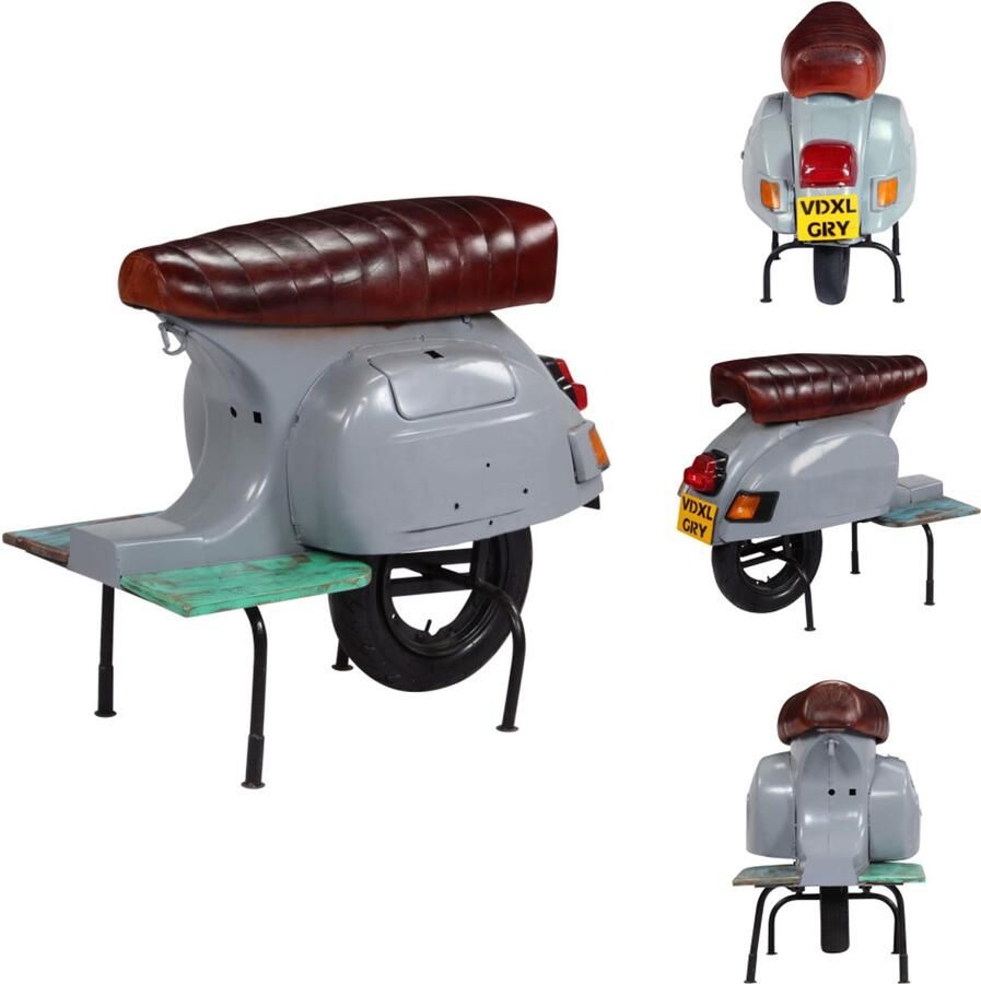 VidaXL Barstoel Barkruk Barkrukken Barkruk scooter echt leer en massief gerecycled hout grijs