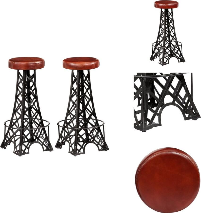 VidaXL Barkrukken Echt leer Eiffeltoren design set van 2 Bruin Zwart 40x40x76 cm Barkruk - Foto 2