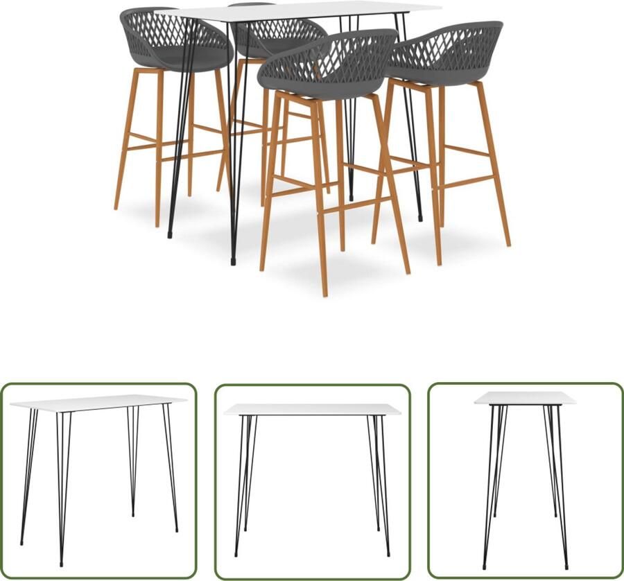 The Living Store 5-delige Barset wit en grijs Bartafel Barstoel Keukenmeubel Eetkamermeubel Loungehoek