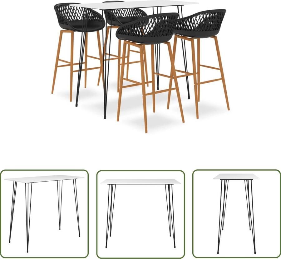 The Living Store Bartafelset wit MDF en metaal 120 x 60 x 105 cm 4 barkrukken zwart PP en metaal 48 x 47.5 x 95.5 cm Bartafel Barstoel Bistro Meubilair Eetkamermeubel Lounge Meubel