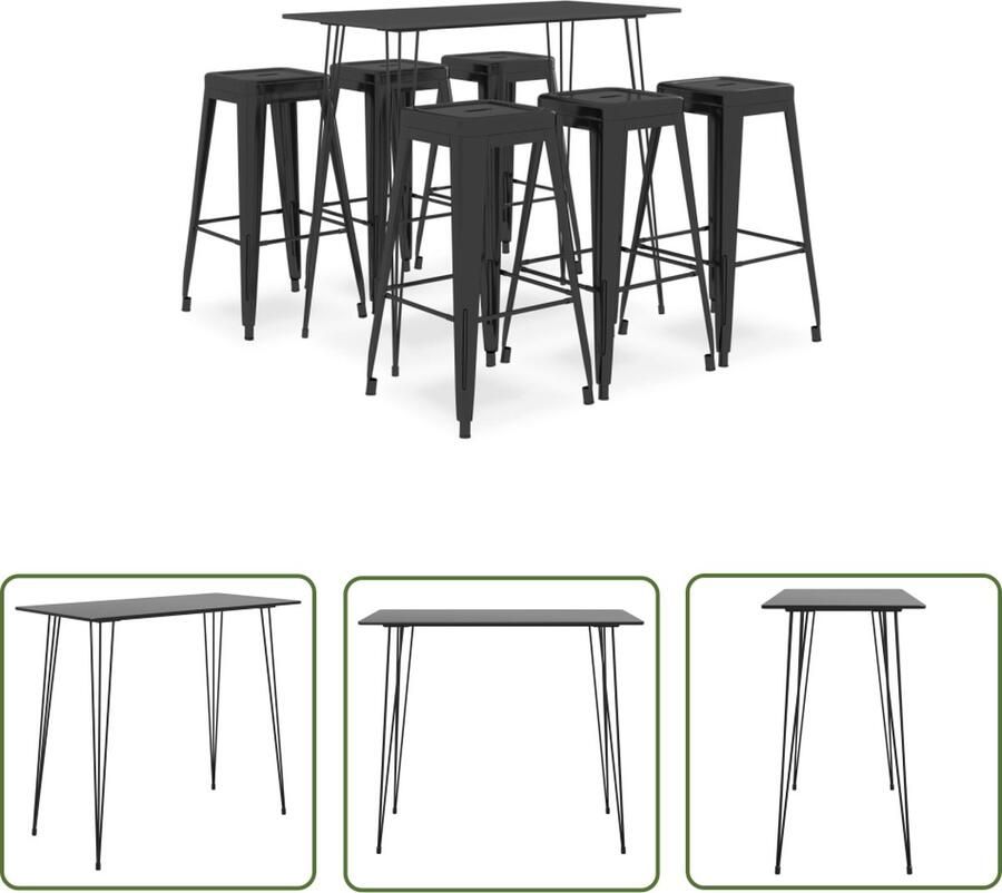 The Living Store Bartafelset Zwart MDF en metaal 120x60x105 cm Inclusief 6 barkrukken Bartafel Barstoel Eetkamerset Lounge Set Keuken Accessoires