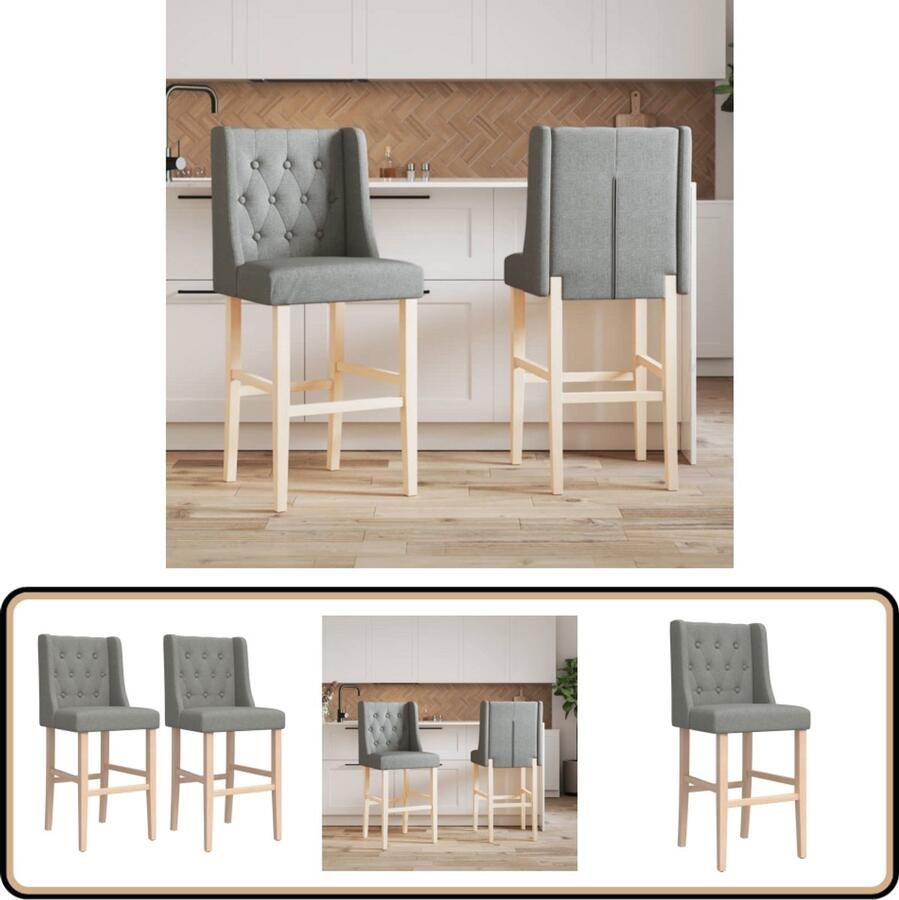 VidaXL Barstoelen 2 st Lichtgrijs Massief rubberhout Barkruk Barstoel Keukenstoel Eetkamerstoel Woonkamersstoel